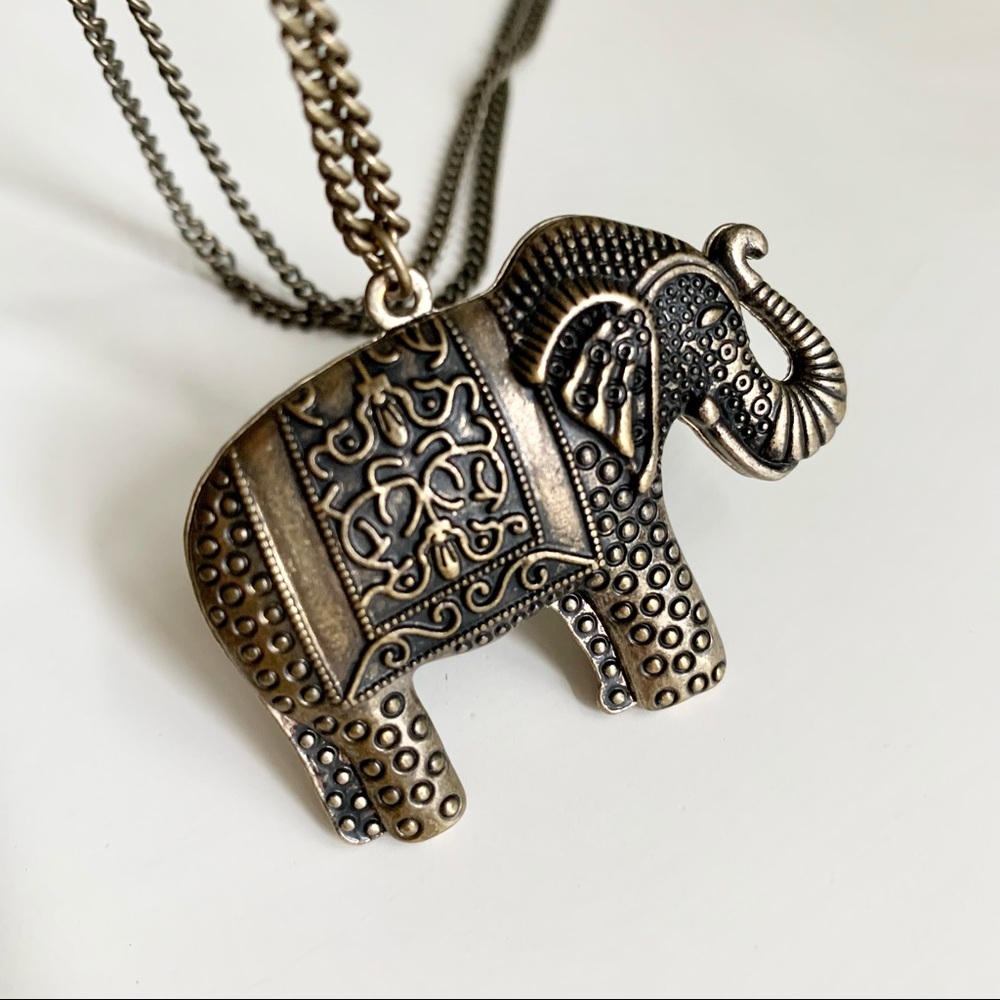 Antique Gold Elephant Pendant Necklace Boho Y2K Long Statement Festival India OS